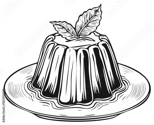 Elegant dessert pudding or flan vector illustration with fresh mint leaves on a plate vintage style food