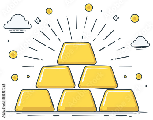 Pyramid stack of shiny gold bars and coins cartoon illustration symbolizing wealth fortune and success