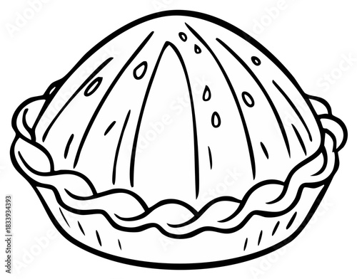 Classic baked dessert pie with crimped crust black and white line art drawing