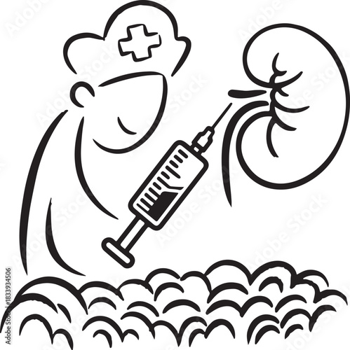 Healthcare worker administering an injection into a kidney vector line drawing representing medical treatment