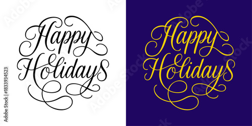 Logo de Navidad. Grupo de mensajes Happy Holidays con florituras de adorno para tarjetas y felicitaciones	