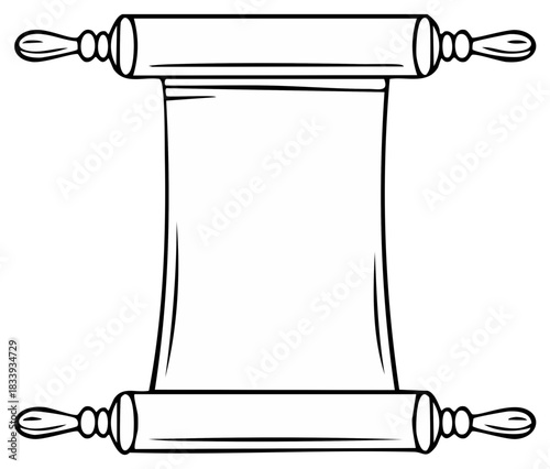 Blank unrolled ancient parchment scroll with ornate handles outline illustration