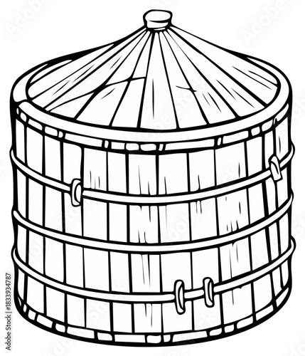 Stylized illustration of a wooden bucket with a lid, bound by hoops, in black outline