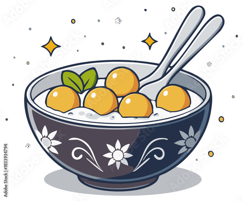 Sweet balls in creamy liquid with mint leaves in decorative bowl and spoons