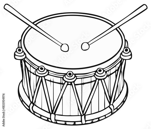 Line Art: Snare Drum with Drumsticks, Music Instrument Illustration, Musical Outline Drawing, Entertainment Concept