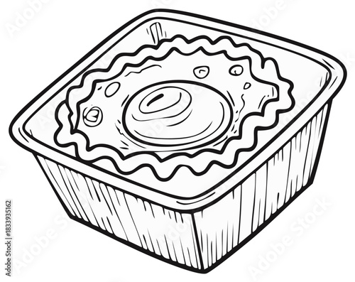 Vector line art of a prepared food dish in a disposable takeaway container