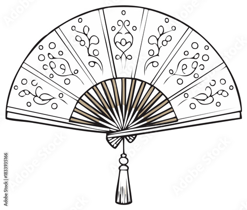 Elegant open hand fan vector illustration with traditional patterns and decorative tassel design