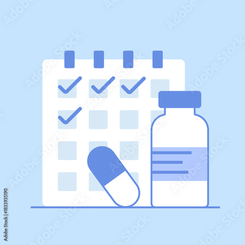 Calendar with checkmarks and medication in bottle, capsules. Concept of treatment schedule.