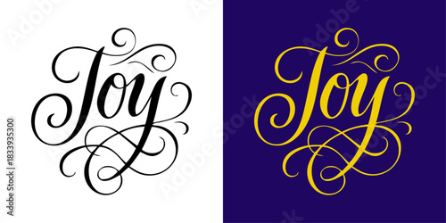 Logo de Navidad. Grupo de mensajes Joy con florituras de adorno para tarjetas y felicitaciones	