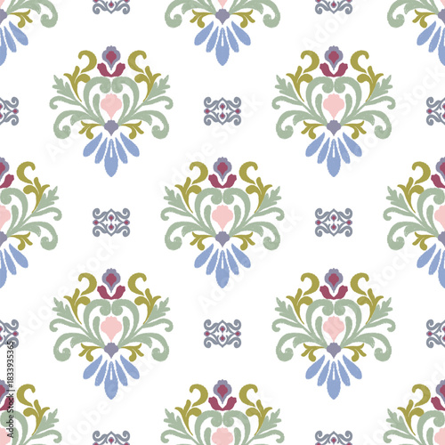 Colorful ikat seamless pattern with oriental vintage decorative hearts on a white background. Baroque style. Vector illustration. Textile rapport, wallpaper, tiles, and tapestry.