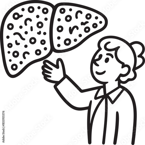 Vector illustration of a person explaining human liver anatomy with speckled texture and medical condition