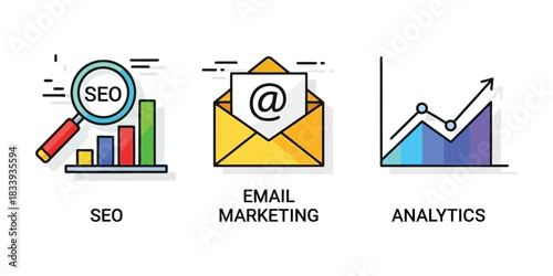 SEO, Email Marketing, and Analytics Icons Boost Online Visibility and Measure Performance