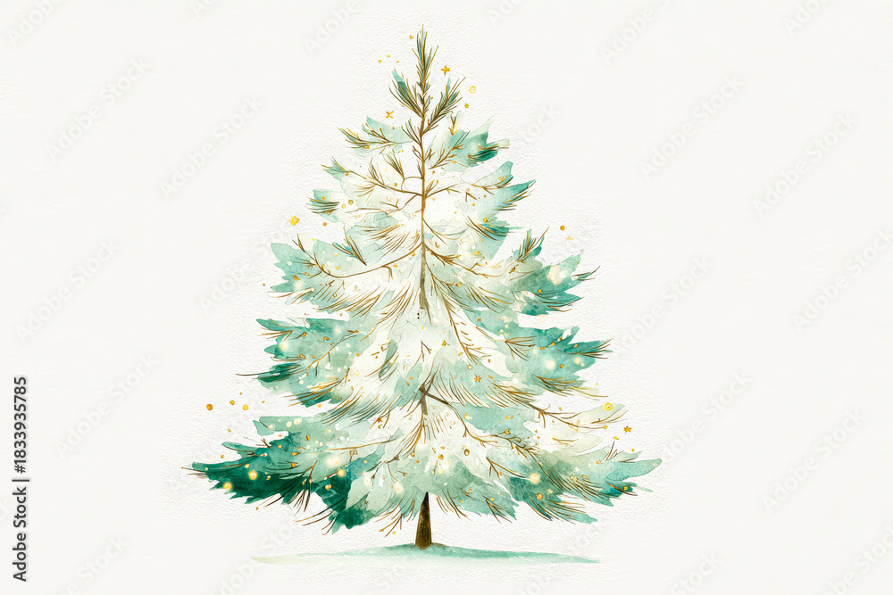 Obraz premium Watercolor illustration of a festive Christmas tree adorned with golden ornaments and snowflakes