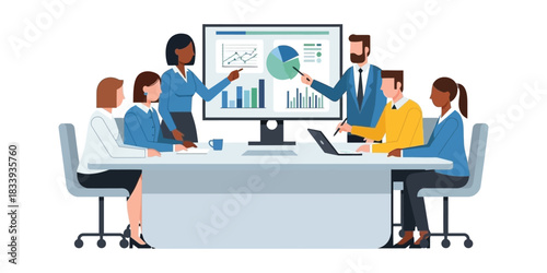 Business meeting with presentation displaying charts and graphs on a large screen with diverse team collaborating around a table