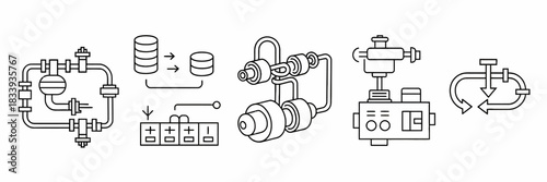 Detailed Engineering Schematics and Technical Diagrams in Line Art Style Illustration for Engineering and Industrial Applications