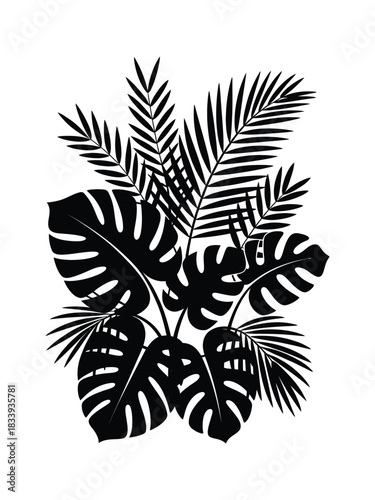Minimalist black vector silhouette illustration of tropical plants showing exotic jungle foliage bouquet with palm and monstera leaves.