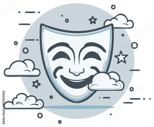 Happy theatrical comedy mask icon with clouds and stars vector illustration