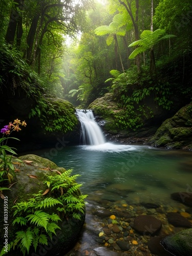 Sunlit Waterfall in Pristine Tropical Wilderness