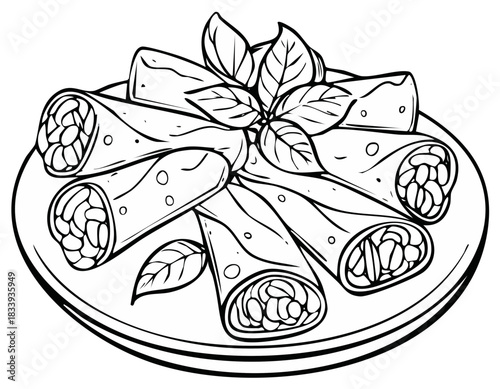 Hand drawn illustration of spring rolls on a plate with fresh herb garnish coloring page style