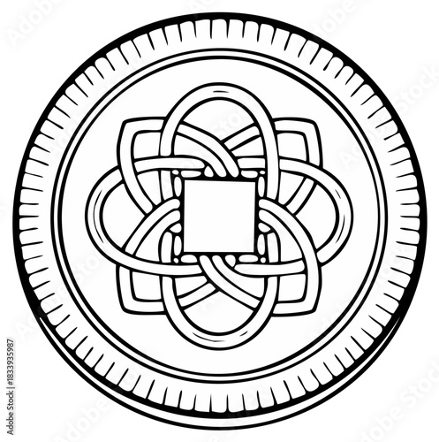 Circular medallion with an intricate interwoven endless knot symbol line art