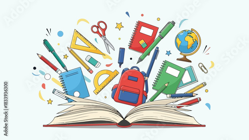 Back to school supplies with open book education learning concept study tools stationery items for students school equipment knowledge exploration
