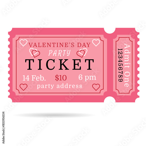 Valentine's Day party ticket design template, admit one, vector illustration, for a cinema, movie, concert, event, festival, and others.