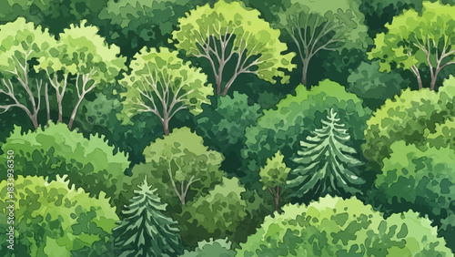 Lush green forest canopy from above top view of diverse trees natural background environmental conservation wood landscape foliage texture