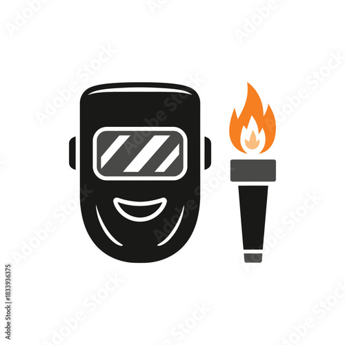 Industrial welding protective mask vector illustration next to handheld cutting torch showing powerful construction and manufacturing process equipment