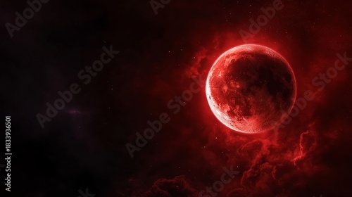 Red moon illuminated against a dark cosmic background, surrounded by swirling clouds of deep crimson and black, creating a dramatic celestial atmosphere in the universe