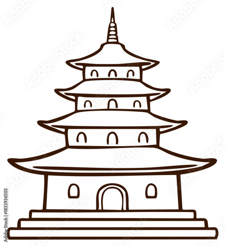 Simple hand drawn line art illustration of a traditional Japanese pagoda temple