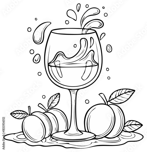 Splashing wine glass and plums black and white line art for coloring page