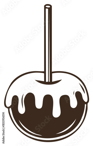 Candy apple illustration with dark brown outline, drizzled caramel, and a stick.
