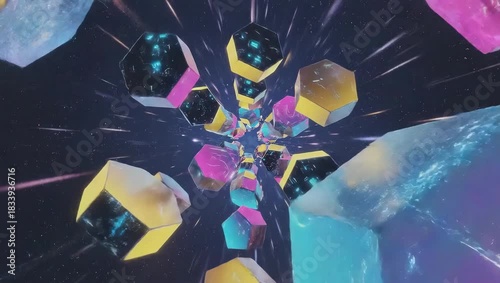 Abstract Geometric Shapes Exploding Through Cosmic Space With Neon Gradients and Starburst Light Trails