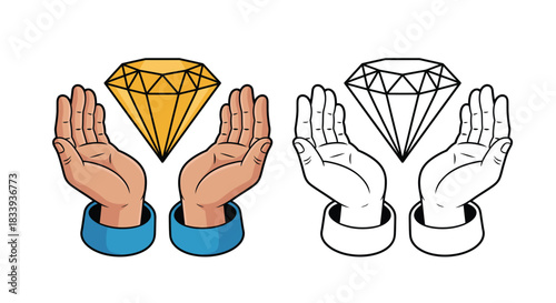 Hands holding shining yellow diamond gemstone illustration showing protection security wealth and high quality line art included