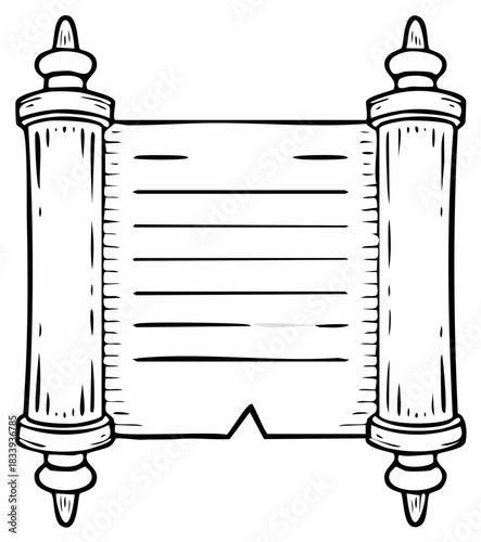 Torah scroll illustration, vintage parchment paper manuscript design, Judaica scripture document with antique roll and finials