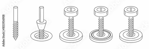 Illustration of Fasteners and Screws Depicting Various Stages of a Screw Assembly Process Outline Drawing Style