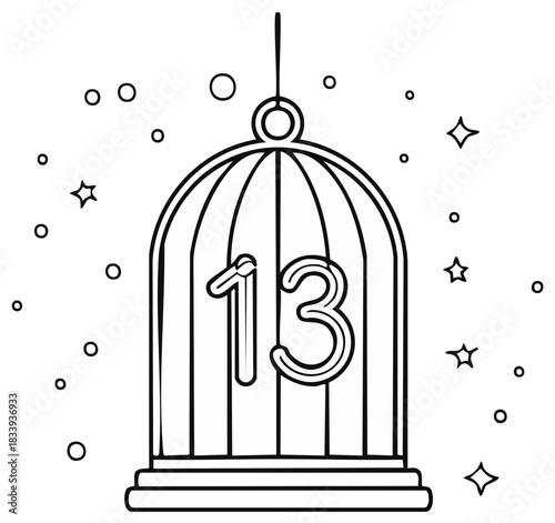Number 13 inside hanging cage outline, surrounded by stars and circles, black and white illustration.