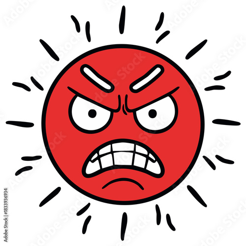 Angry red sun with bright rays and a furious expression, cartoon style