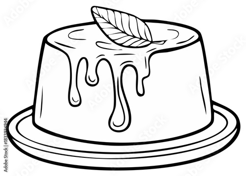 Line art illustration of a dessert pudding with dripping glaze and a leaf on a serving plate