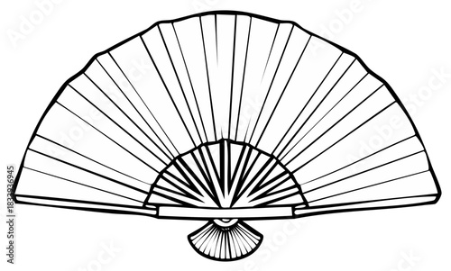 Stylized open folding hand fan traditional cooling accessory vector line art illustration