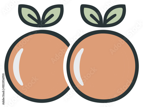 Two fresh stylized oranges with green leaves, simple vibrant fruit graphic icon