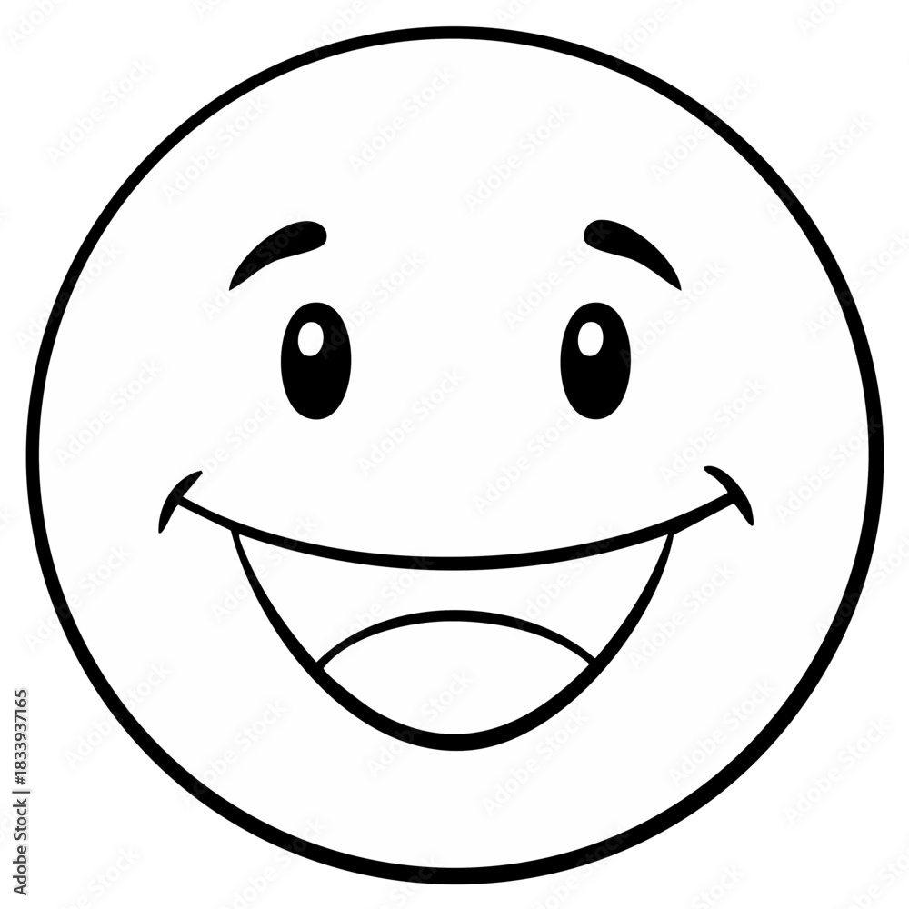 Fototapeta premium Simple black outline illustration of a happy cartoon smiling face emoji with wide open mouth