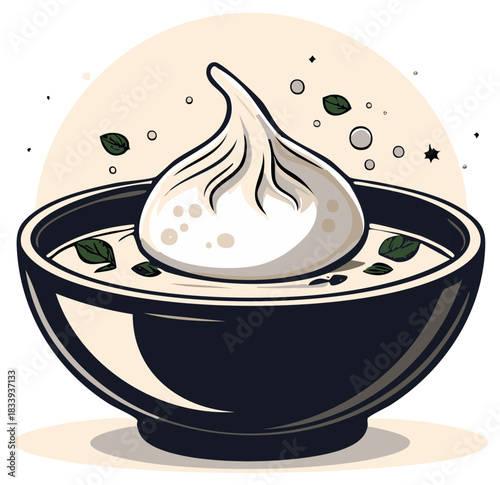 Pleated dumpling in a deep bowl of warm soup with fresh green herb garnish