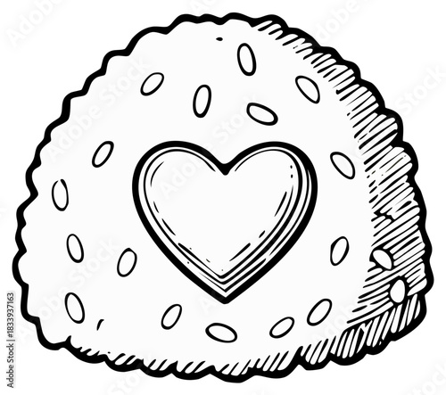 Hand drawn illustration of a triangle shaped food item with a heart shape and seeds