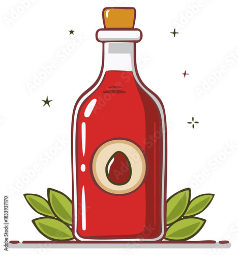 Stylized illustration of a corked glass bottle with red liquid, a fruit seed label, and green leaves
