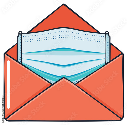 Blue medical face mask safely delivered in an open red envelope, healthcare mail concept