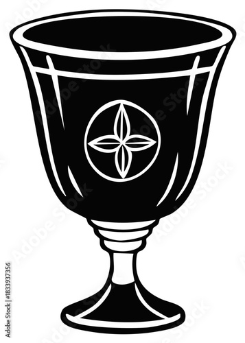 Vector illustration of holy chalice with ornate geometric design symbol in simple bold black and white style