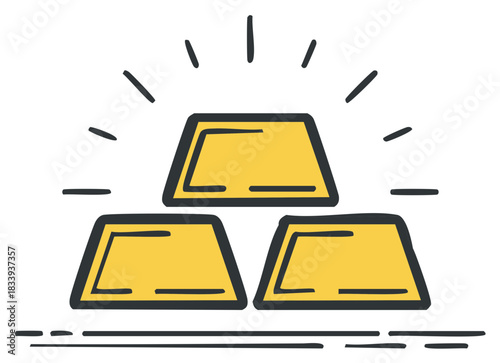 Stack of shining gold bars in a hand drawn doodle style illustration