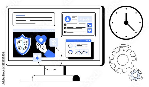 Healthcare technology, cybersecurity protection, medical data, telehealth services, analytics, time management. A monitor displays medical icons and charts with a clock and gears. Healthcare