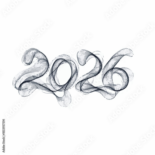 Ai futuristic office workspace with remote job screens illustration of abstract artistic rendering of the year 2026 created with flowing, smoky, dark blue line art forming the numerals, isolated on wh